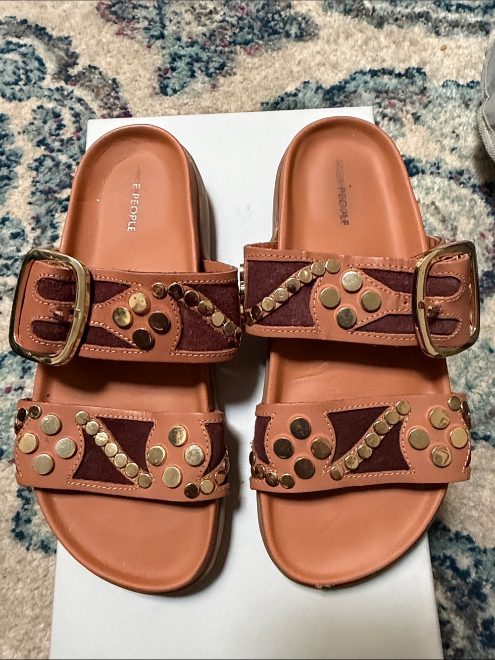 Free People Tan Leather Studded Double-Strap Slide Sandals